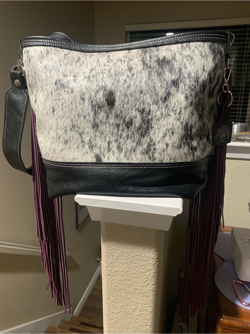 Holy Cow Couture Messenger, Fringe Accent Shoulder Bag in Black, White & Purple